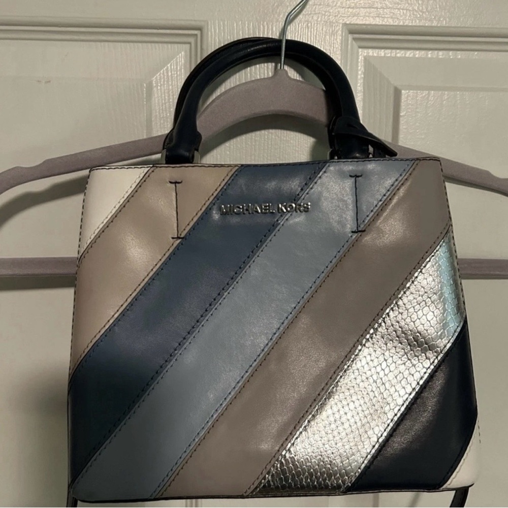 Michael Kors Women's Striped Leather Handbag - Blue, Silver, and Cream